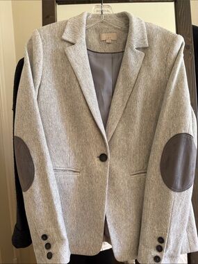 LOFT Light Gray Herringbone Blazer with Dark Gray Elbow Patches